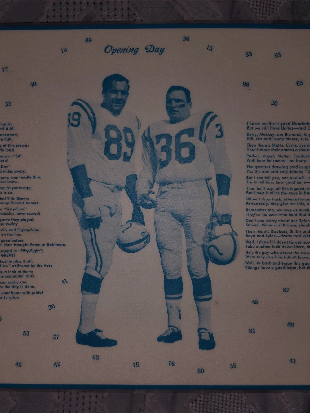 1965 Baltimore Colts Football Placemat Set Day Johnny Unitas Marchetti 11 X 16